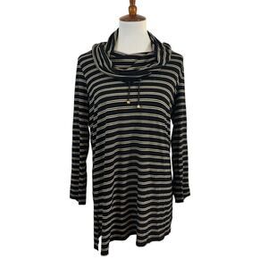 Chico's Zenergy Talia Striped Cowl Top Black Gold Flowy Knit Tunic Size 1